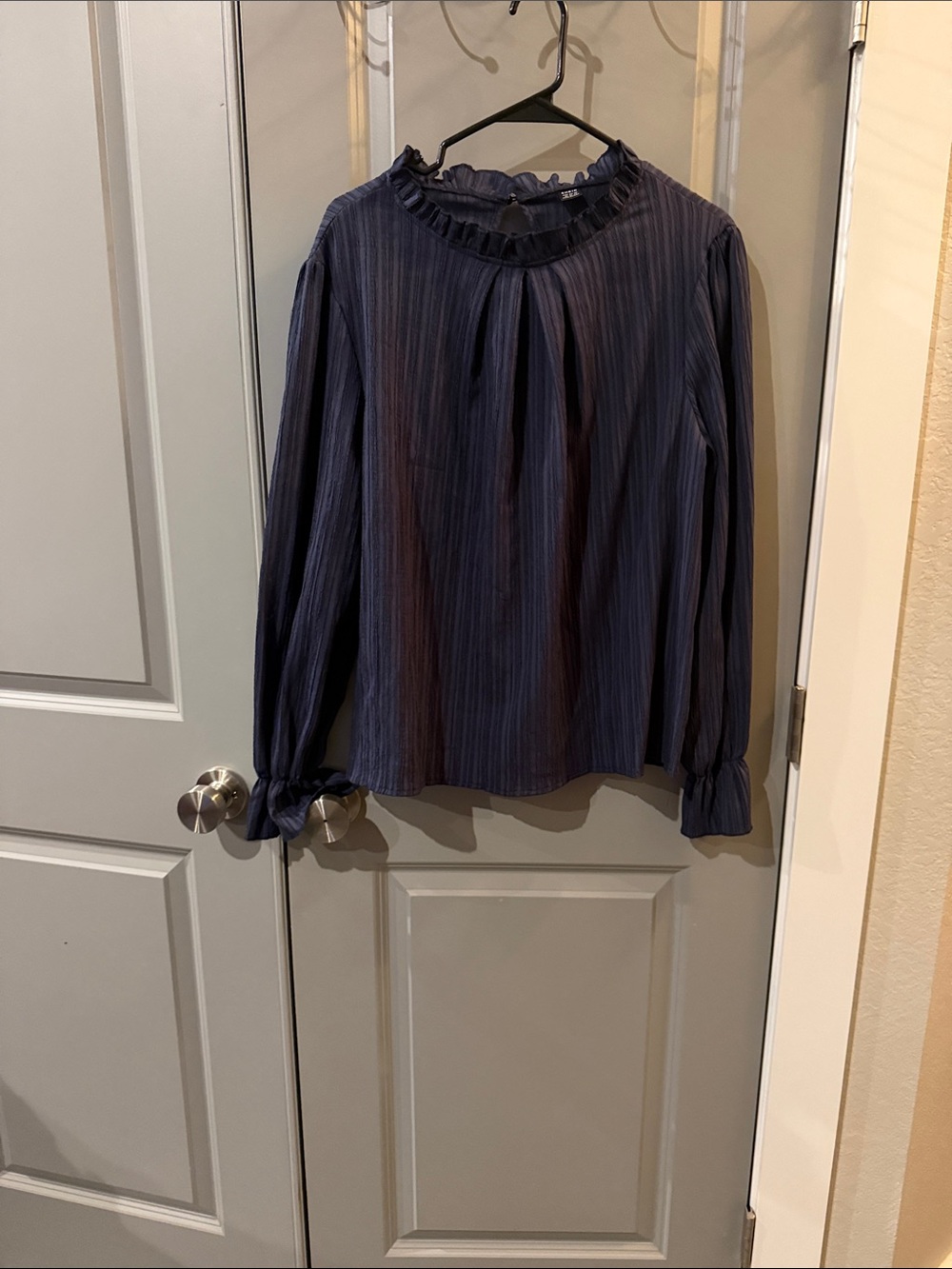 SHEIN Navy Blue Long Sleeve Ruffled Neck Blouse